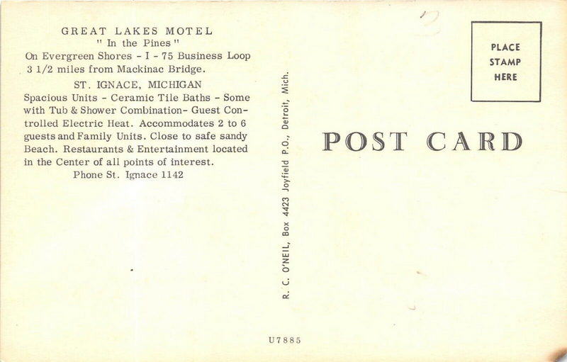 Great Lakes Motel - Vintage Postcard Back (newer photo)